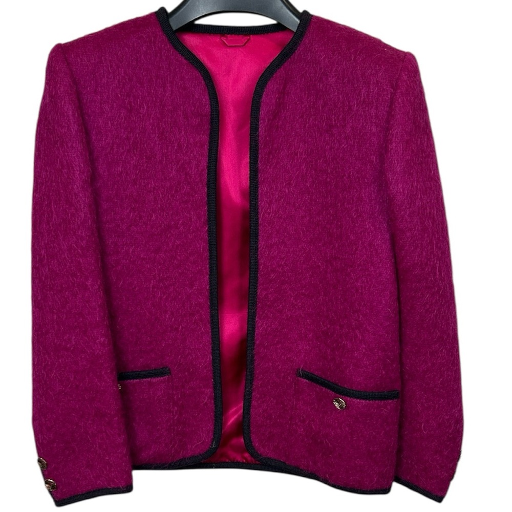 Vintage Magenta Open-Front Blazer with Black Trim
